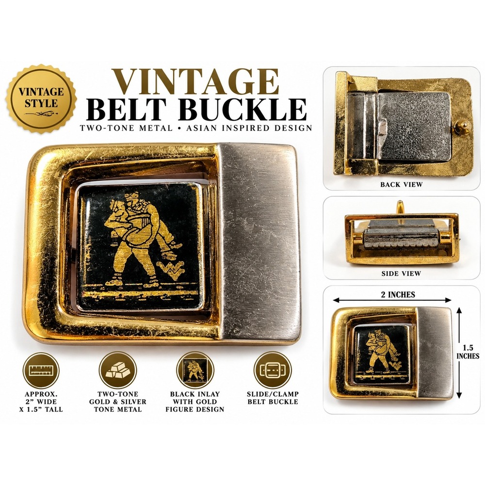Vintage Two Tone Gold Silver Belt Buckle Black Inlay Asian Figure Design 2x1.5